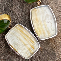 Apple Green Tourmaline and Montana Agate Earrings with Antique Chinese Mother of Pearl Gaming Token